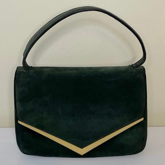VTG Palizzio Suede Handbag | Emerald Green Single Top Handle Purse - Picture 1 of 13